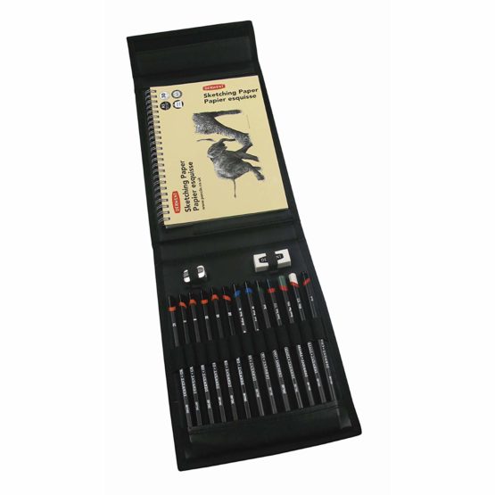 Derwent 2300218 Sketching Wallet with Mixed Media Sketching Pencils, Accessories and A5 Landscape Sketchpad, Grey