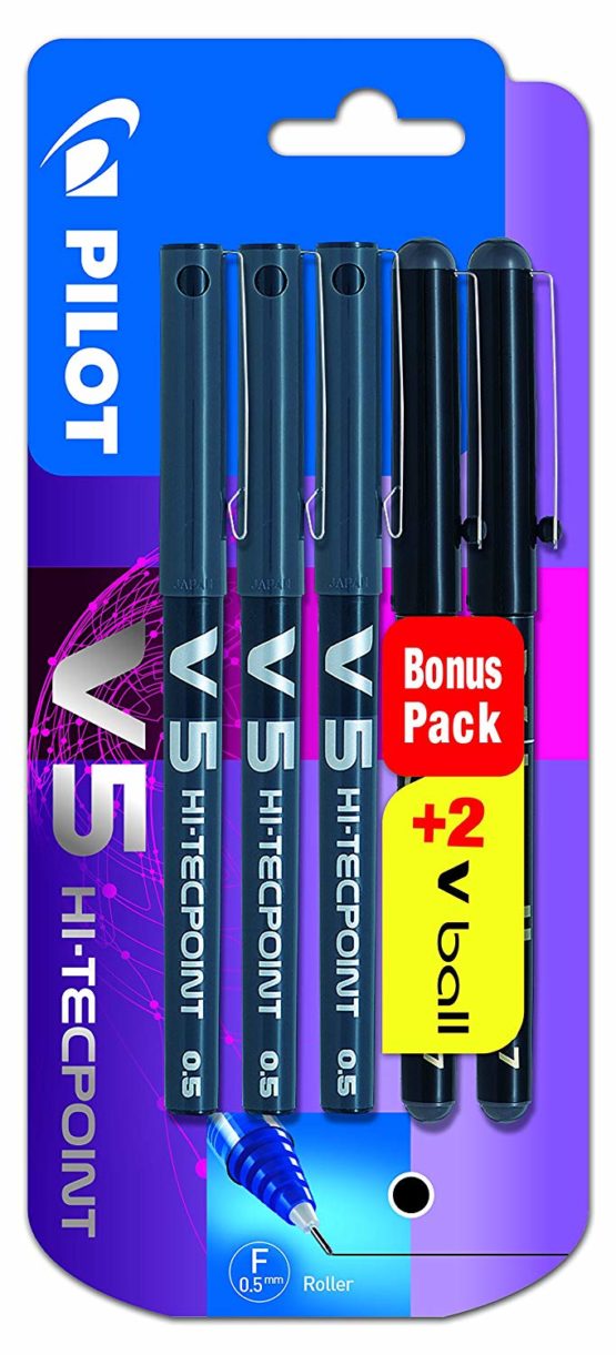 Pilot V5 0.5 mm Liquid Ink Rollerball Pen - Black (Pack of 5)