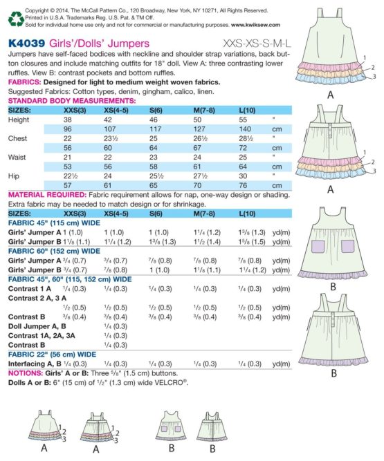 Kwik Sew Patterns K4039 OS Sizes Extra-Extra-Small - Extra-Small - Small - Medium - Large Girls/Dolls Jumpers - Image 4