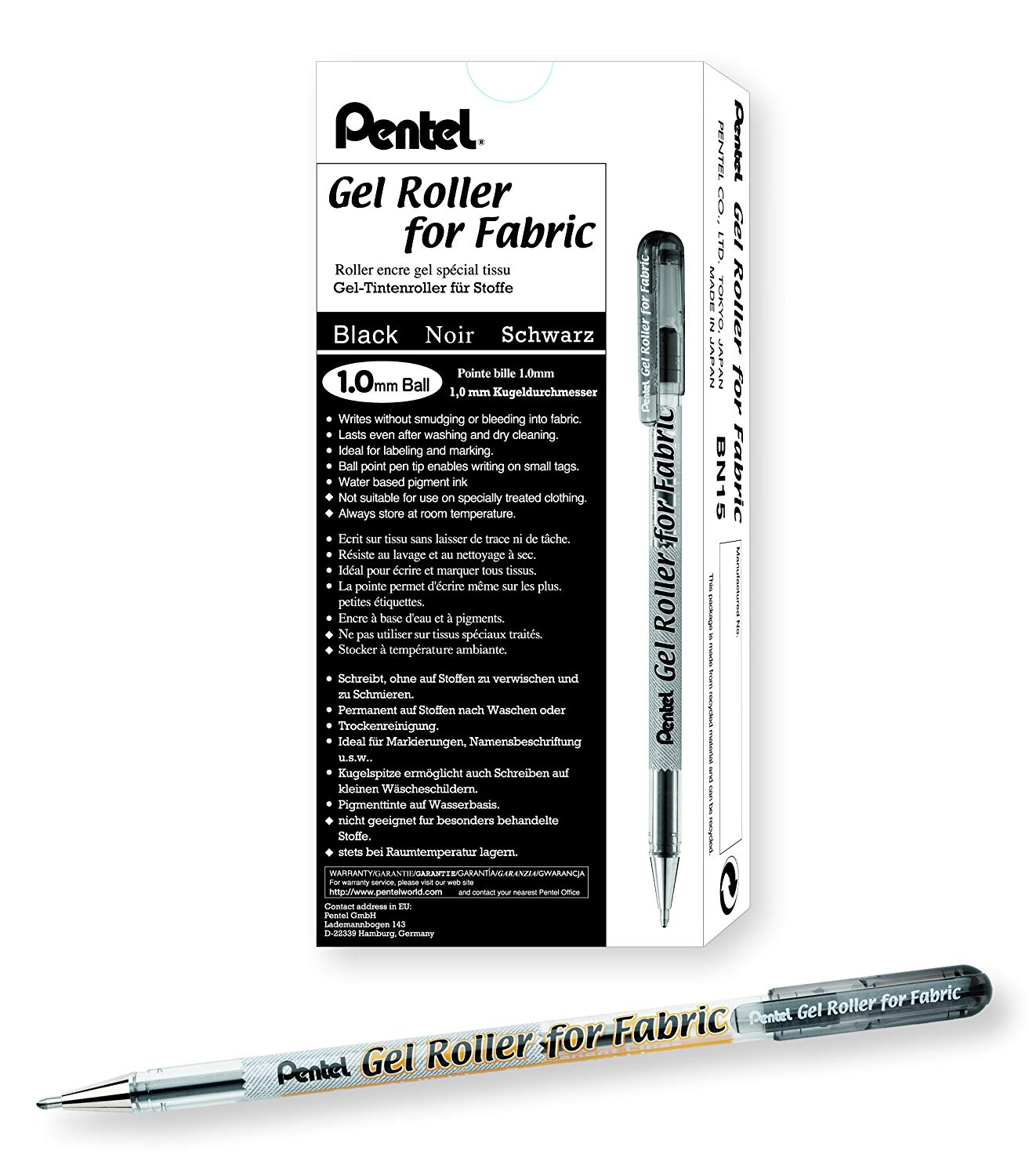 Pentel bn15 Gel Ink Roller Ball Pen for Textiles, 0.5 mm, Black, BN15-A, 1 count (Pack of 12)