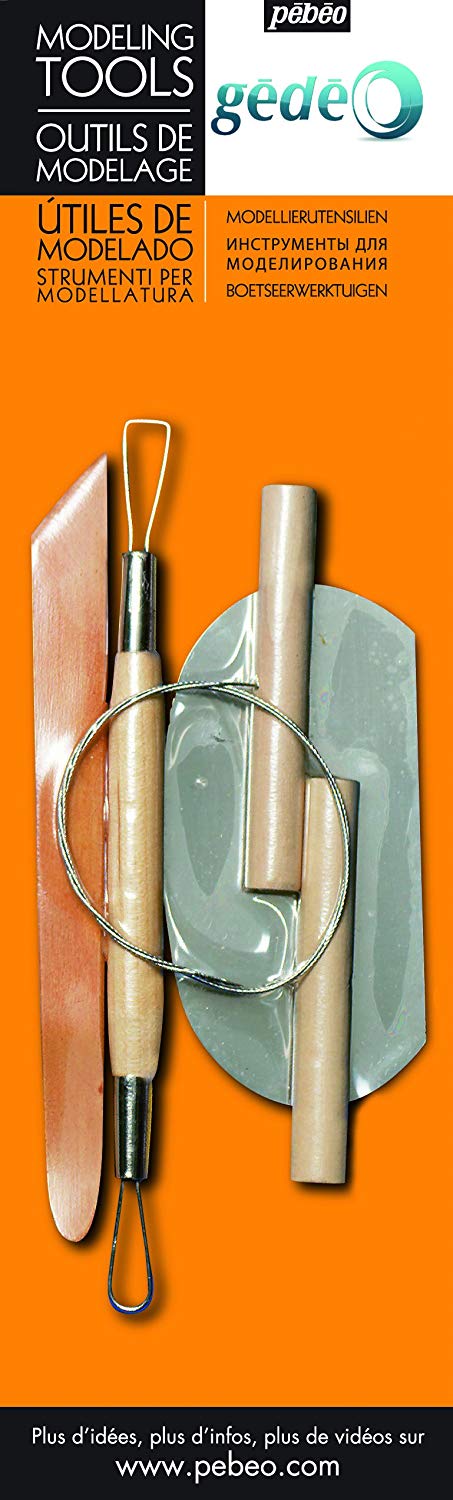 Pébéo Gédéo 4 Clay Modelling Tools - Loop Tool, Wooden Modelling Tool, Rib & Cutting Wire - Pottery and Sculpture Kit - Wood & Metal