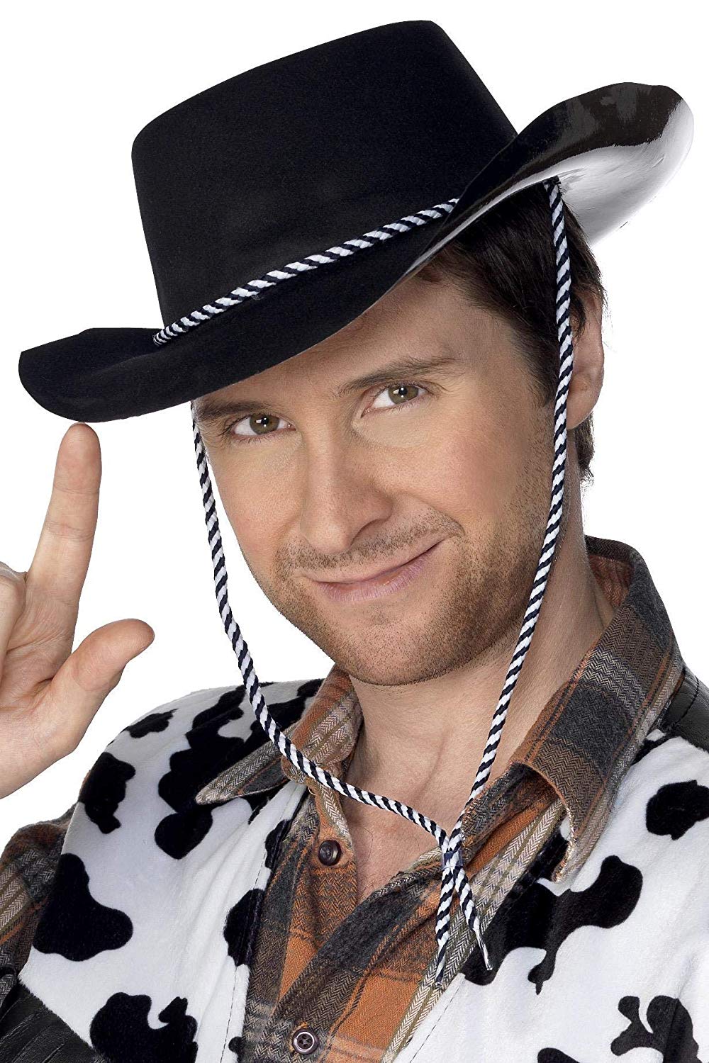 Smiffys Cowboy Hat, Flocked Plastic, Black with Cord, Cowboys and Indians Fancy Dress, Cowboy Dress Up Hats