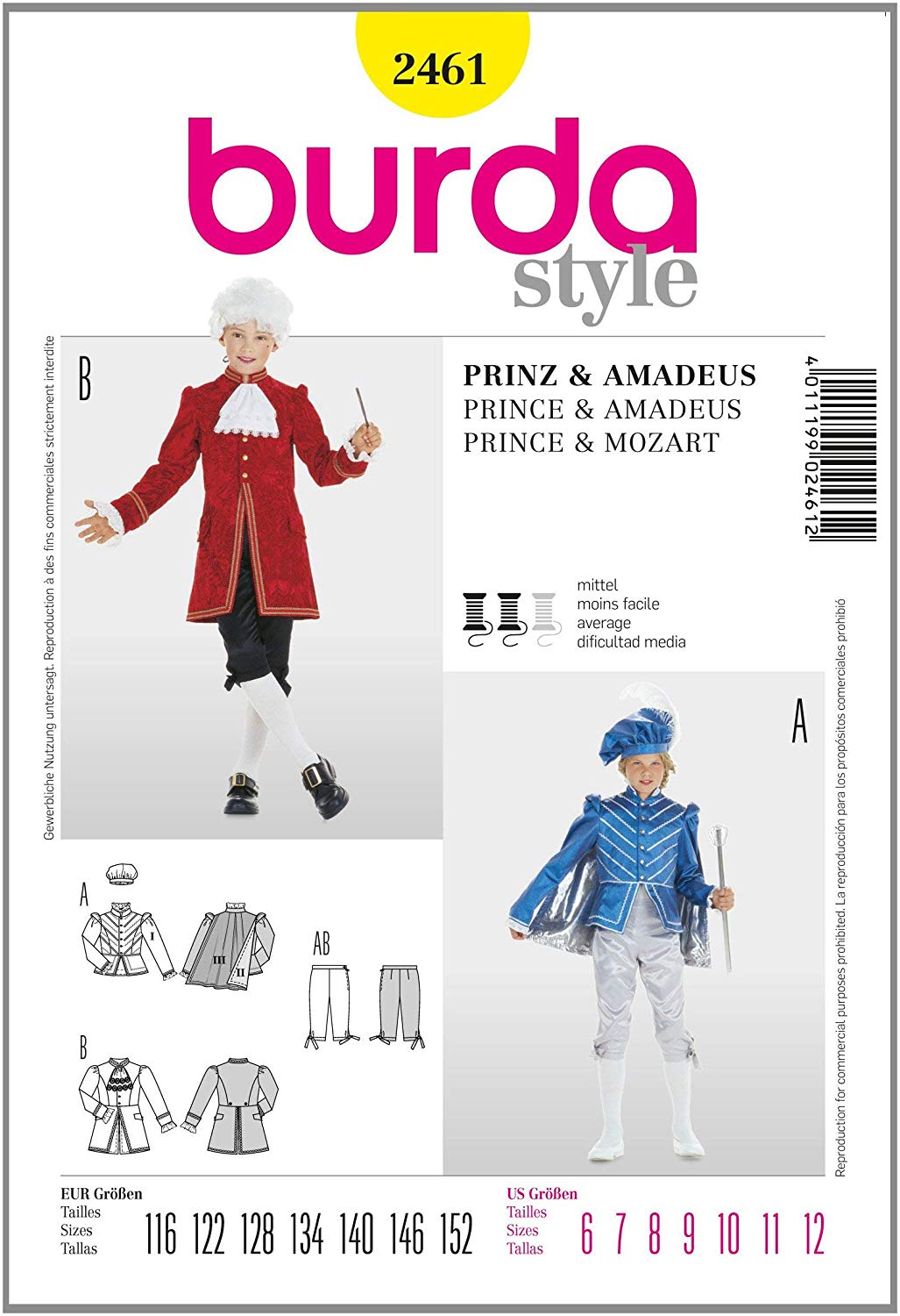 Burda Sewing pattern, Style, Prince & Mozart, 2461, 116-152