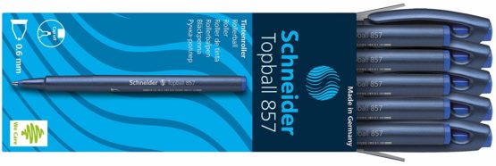 Schneider Topball 857 Ink Roller Pen with Solid Metal Tip 0.6 mm Blue Pack of 10