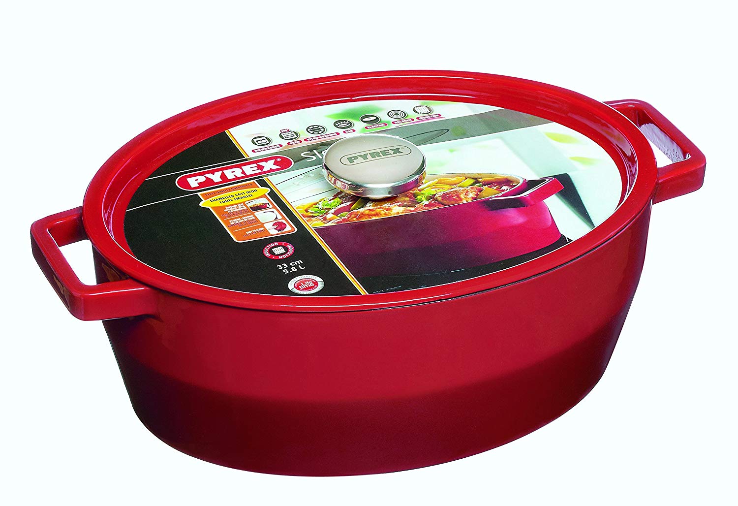 Pyrex 33 cm Oval Cast Iron Slow Cook Enamelled Casserole, Red, 5,8L - Image 2