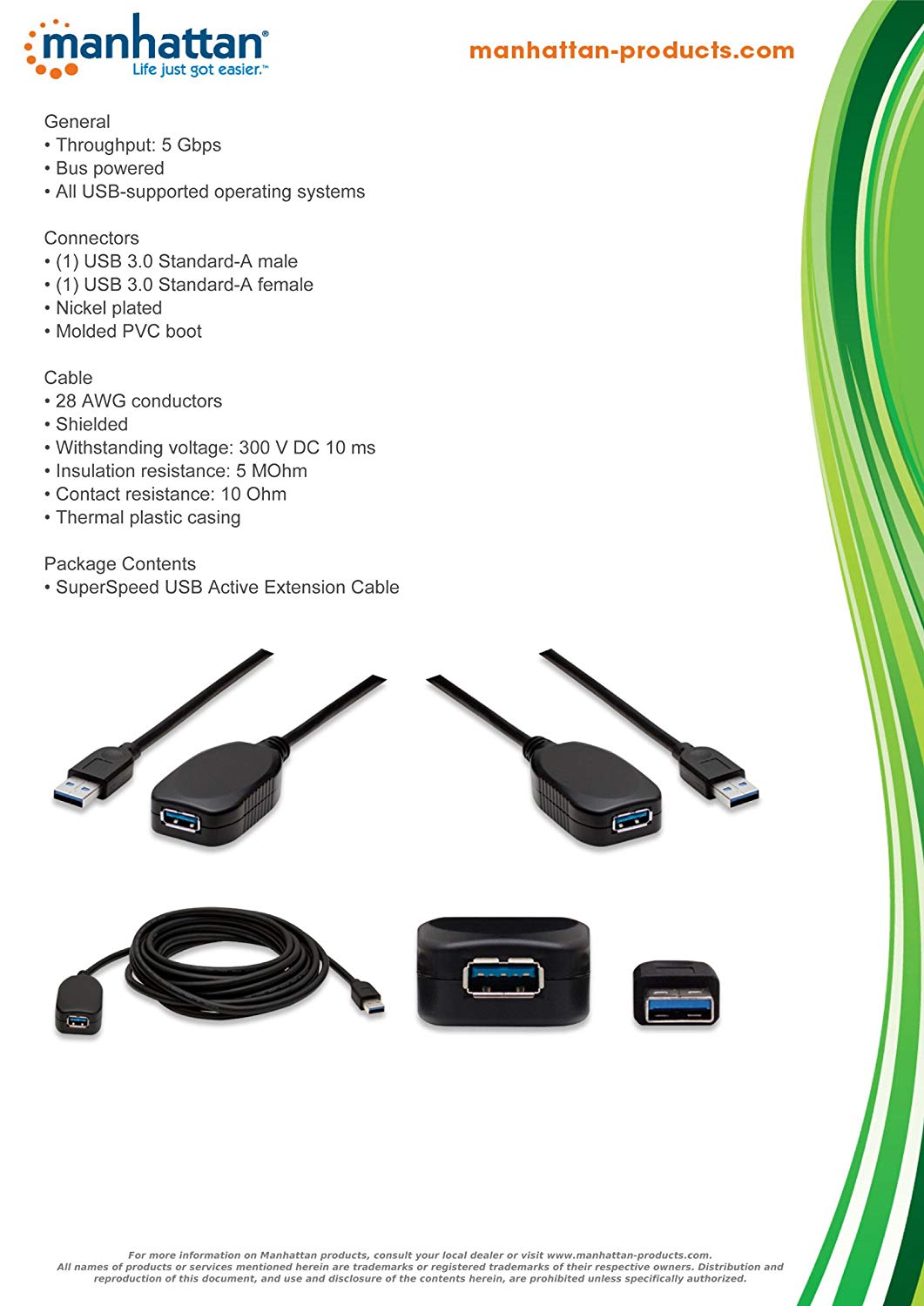 Manhattan USB-A to USB-A Extension Cable, 5m, Male to Female, Active, 5 Gbps (USB 3.2 Gen1 aka USB 3.0) - Image 3