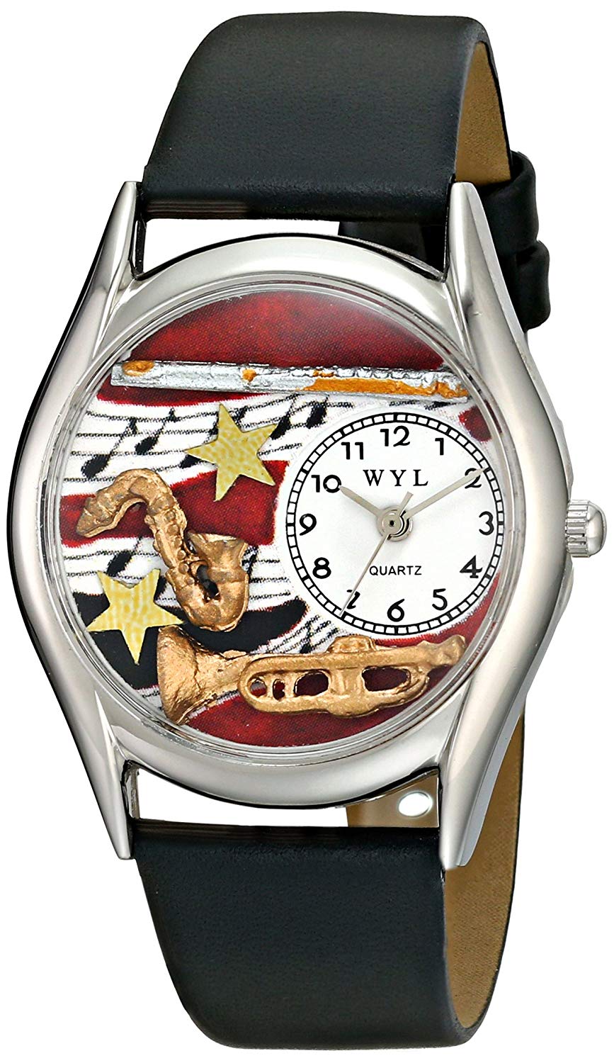 Whimsical Watches Wind Instruments Black Leather and Silvertone Unisex Quartz Watch with White Dial Analogue Display and Multicolour Leather Strap S-0510015