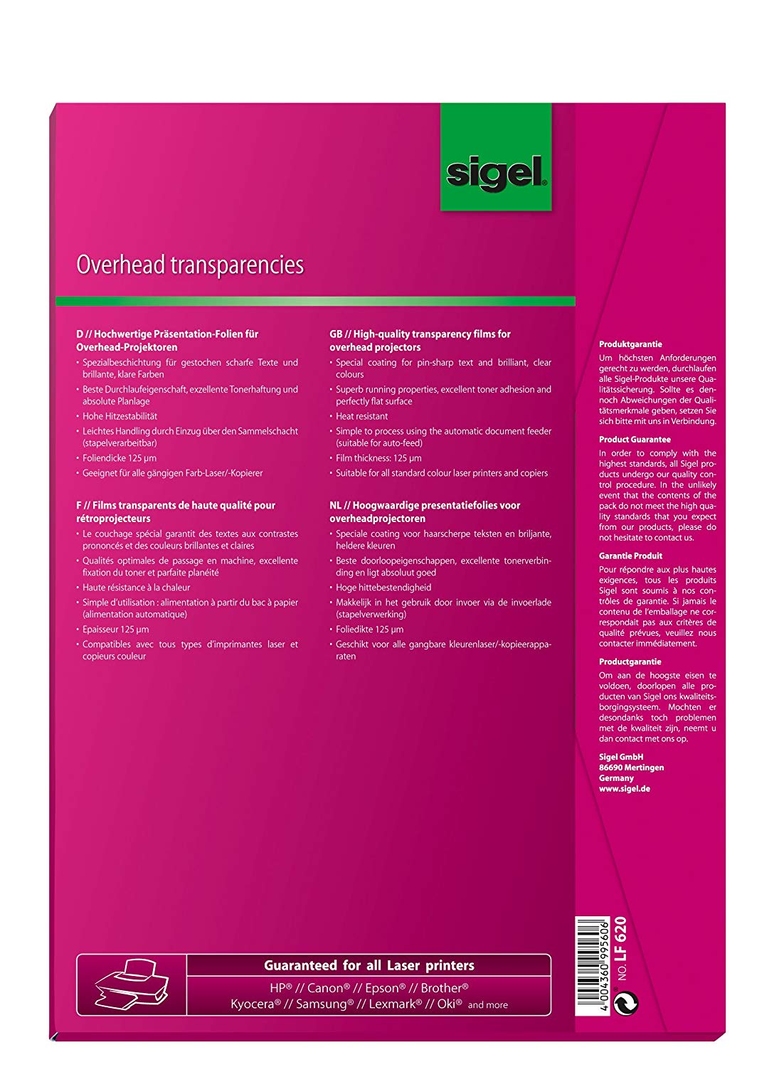 SIGEL LF620 Transparency Film for Colour Laser/Copier, clear, auto feed, heat resistant, for double-sided printouts, 125 mic - Image 2