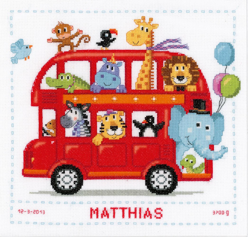 Vervaco Birth Record Funny Bus Counted Cross Stitch Kit, Multi-Colour, PN-0147691, Red
