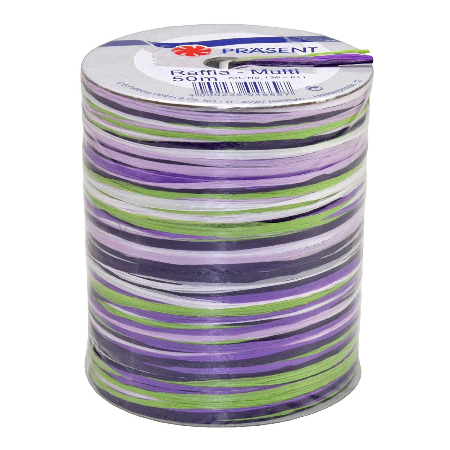 PRÄSENT C.E. Pattberg RAFFIA Multicolour Green-Lilac-Pink Ribbon, 55 Yards, 5-Strand, Viscose, Biodegradable