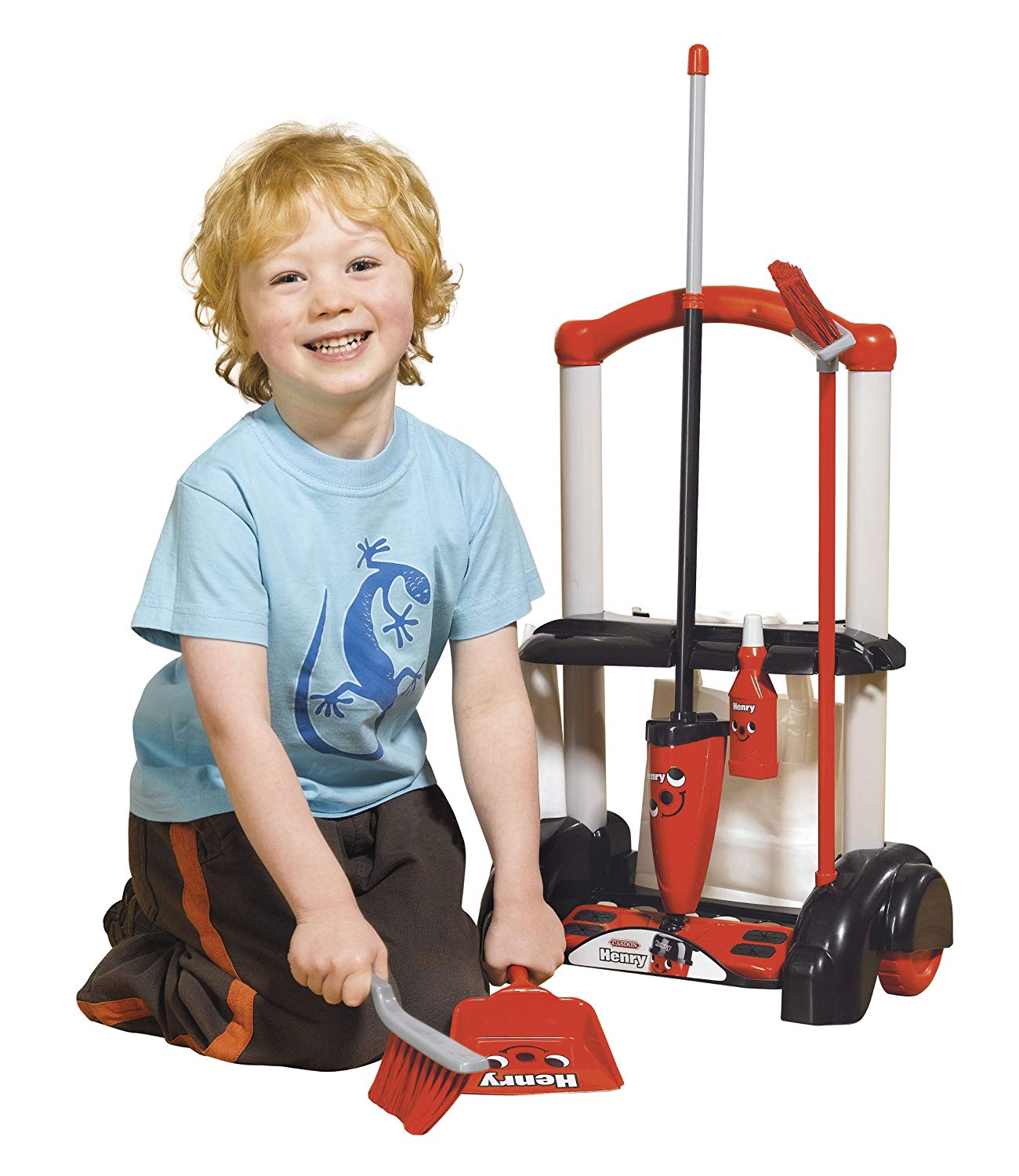 Casdon Henry & Hetty Toys, Henry Cleaning Trolley, Red Henry-Inspired Toy Playset with Mop, Brushes, Dustpan, & Accessories - Image 3