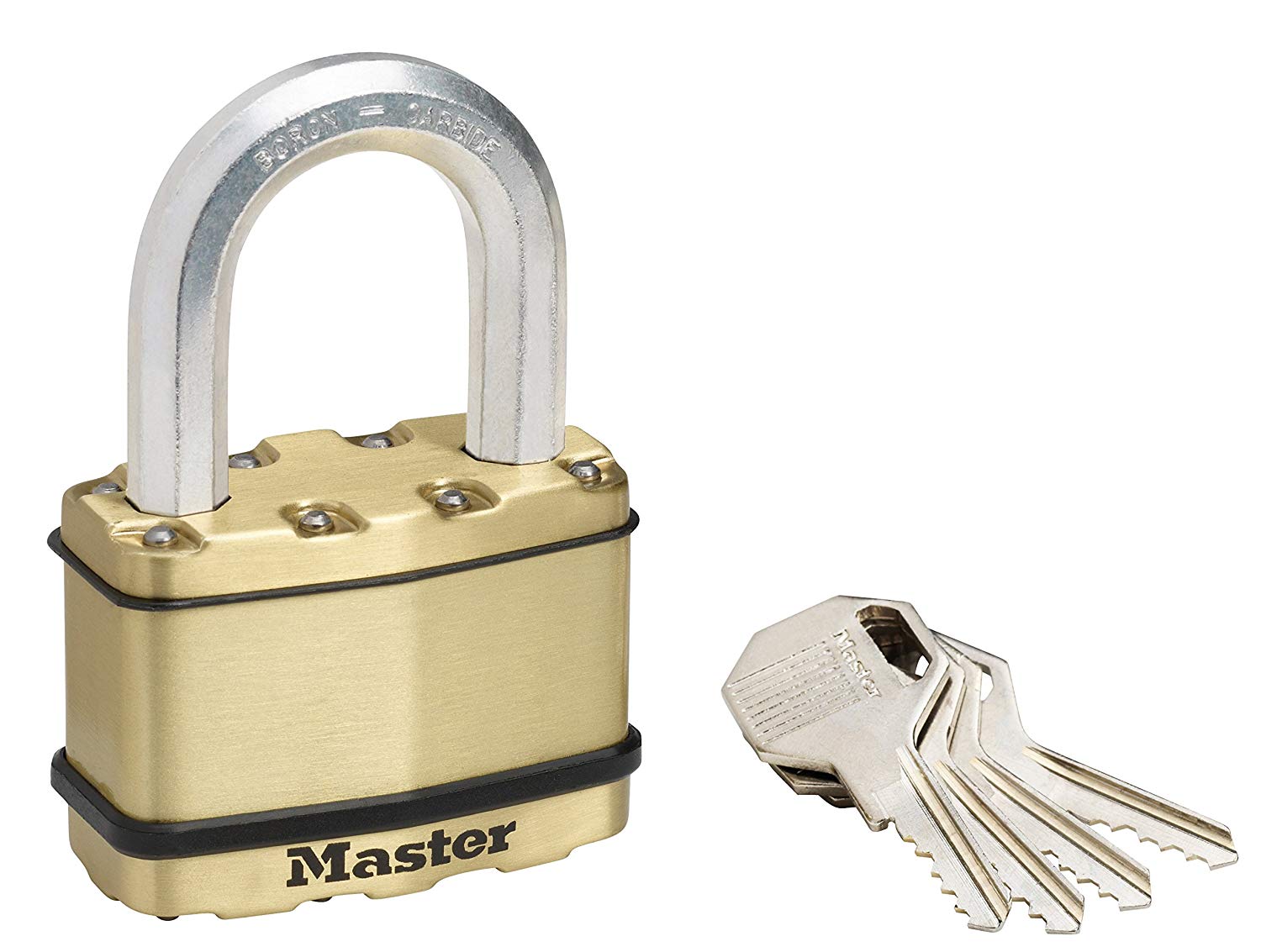 MASTER LOCK Heavy Duty Padlock, Security Level 10/10, Outdoor, Keyed, Laminated Steel/Brass Finish, Weatherproof, Medium Shackle