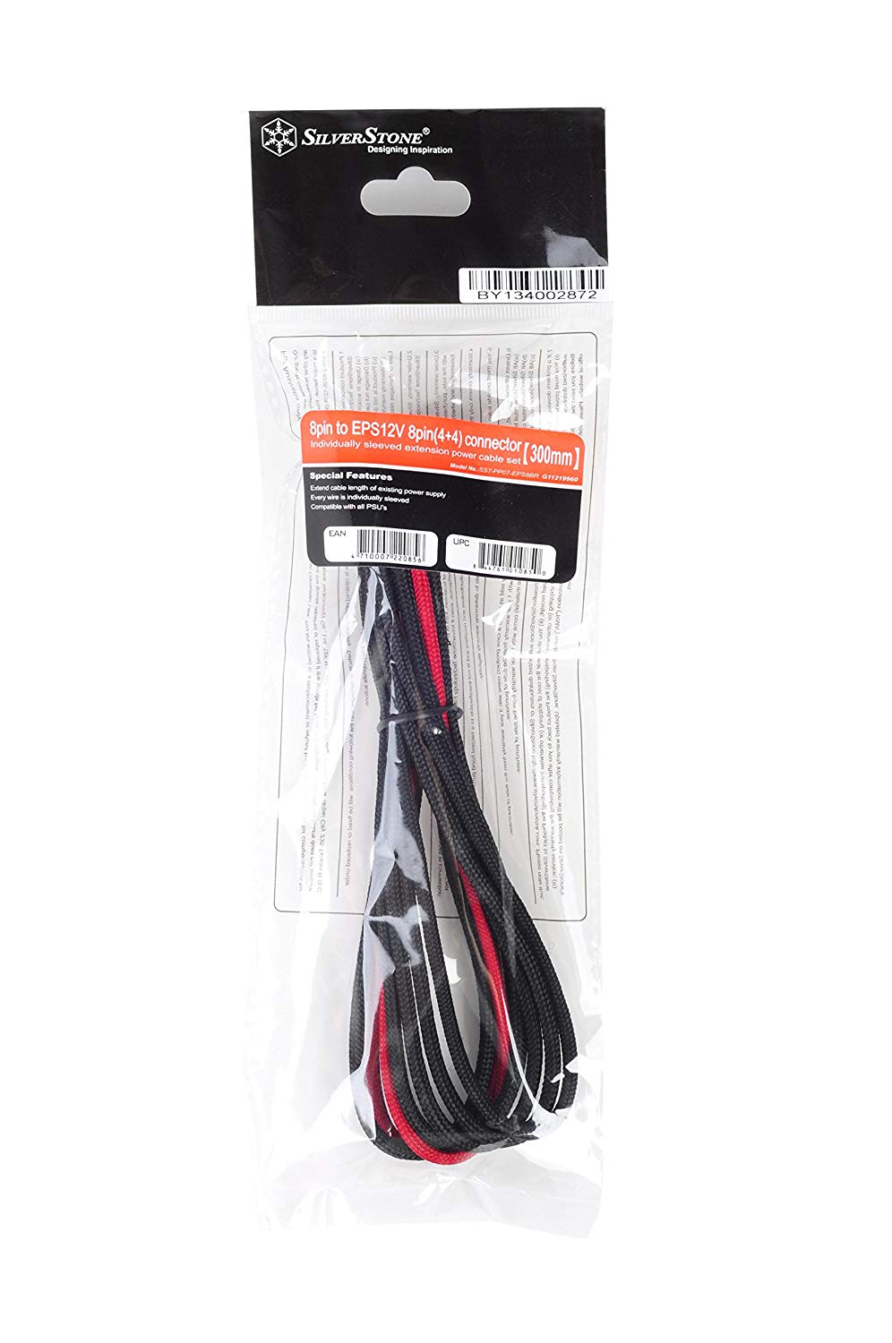 SilverStone SST-PP07-EPS8BR - 30cm EPS 8pin to EPS/ATX 4+4pin Sleeved Extention Cable, black red - Image 2