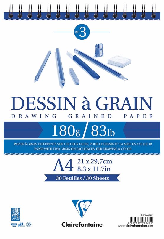 Clairefontaine White Grained Drawing Paper Pad, Wirebound, 180 g, A4, 30 Sheets