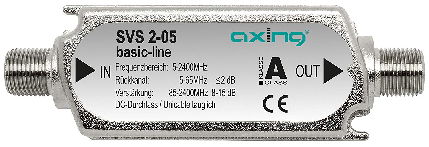 Axing SVS 2-05 Broadband Inline Amplifier 15 dB Satellite and Terrestrial with Return Path (5-2400 MHz)