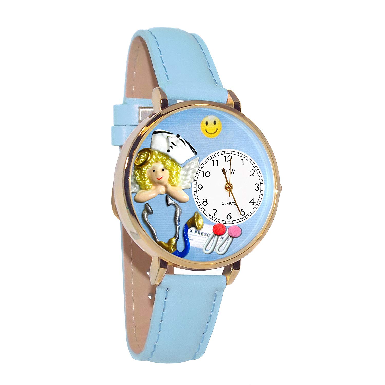 Whimsical Watches Nurse Angel Baby Blue Leather and Goldtone Unisex Quartz Watch with White Dial Analogue Display and Multicolour Leather Strap G-0620030