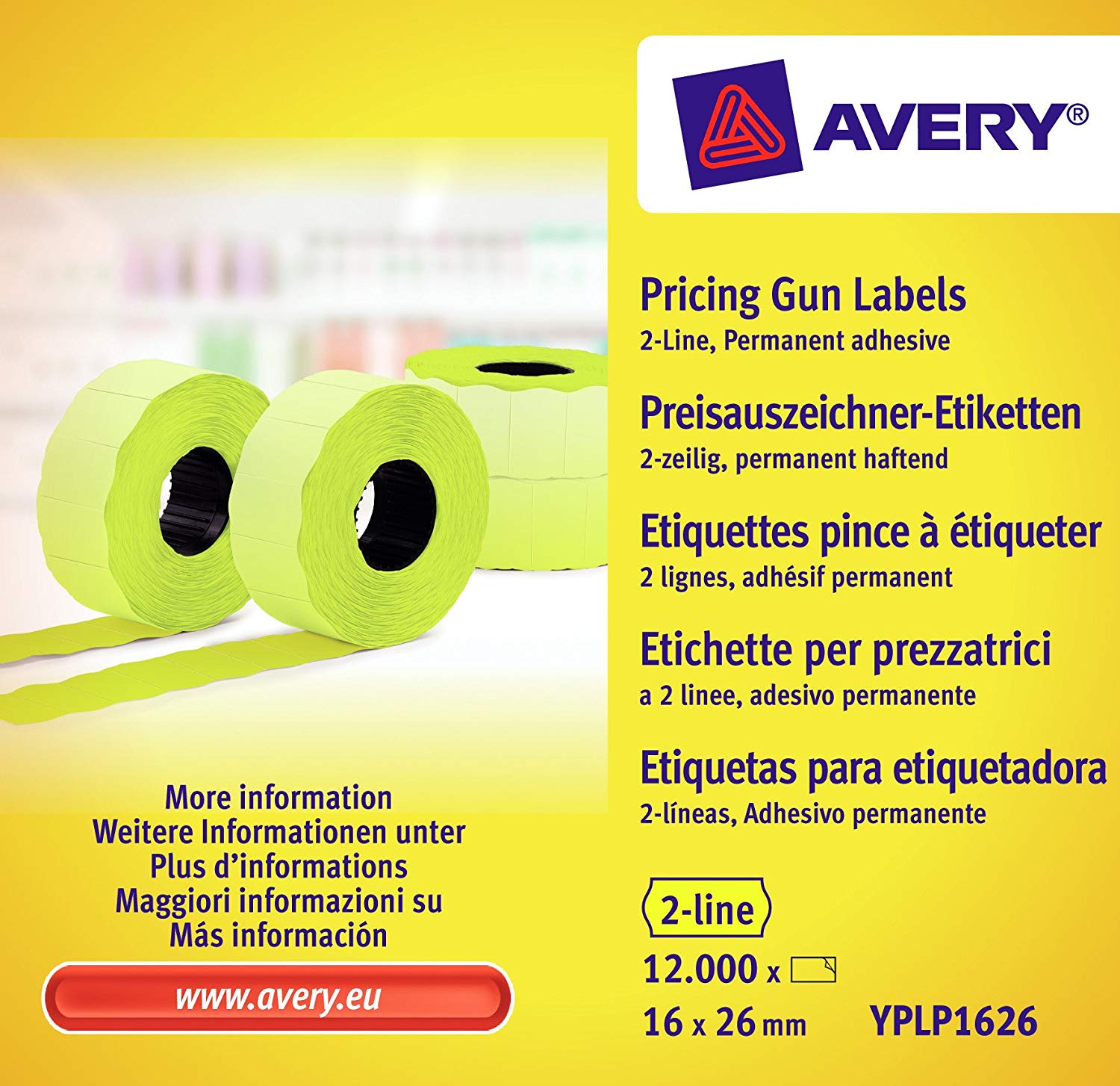Avery Zweckform YPLP1626 Price Gun Labels 2 Lines 16 x 26 MM 10 Rolls / 12,000 Labels Yellow