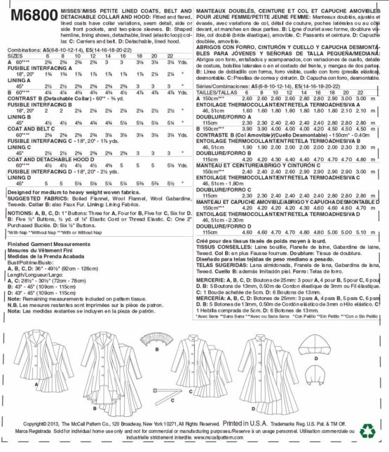 McCall's Patterns M6800 A5 6 - 8 - 10 - 12 - 14 Misses' - Miss Petite Lined Coats, Belt and Detachable Collar and Hood, Pack of 1, White - Image 3