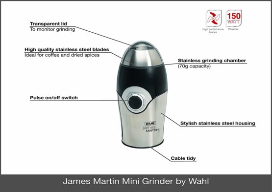 Wahl James Martin Mini Grinder, Electric Grinders Ideal for Coffee, Nuts and Spices, Safety Lock-In Lid, Brushed Stainless Steel, 150W, Capacity 70g, Bullet Design, Corded, Silver - Image 4