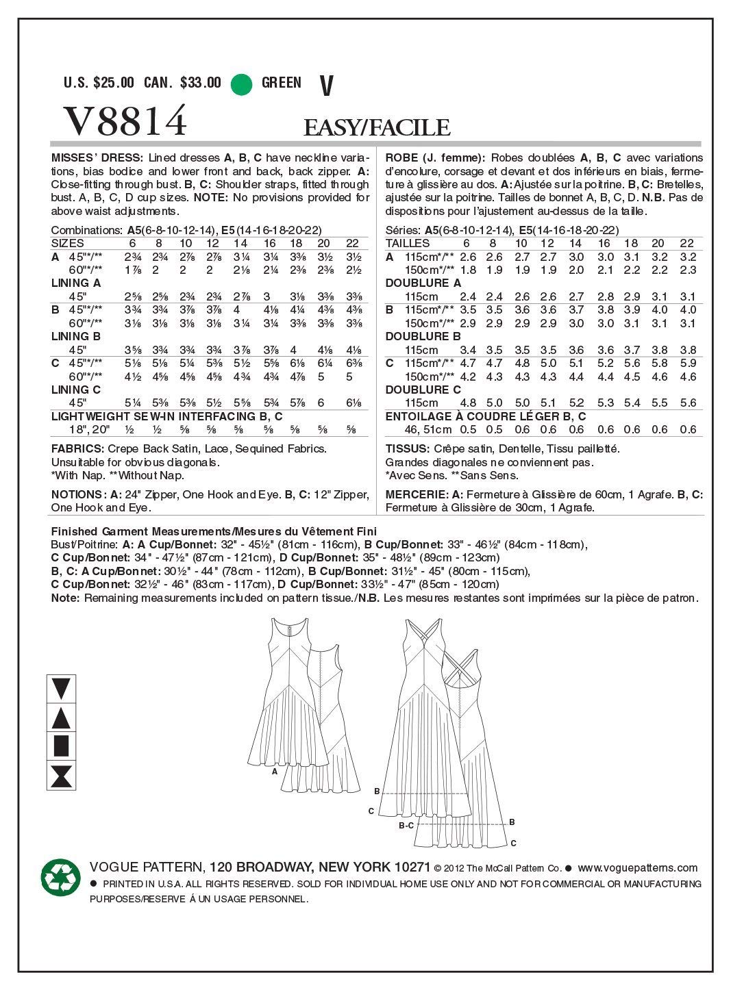 Vogue Patterns V8814 Size A5 6-8-10-12-14 Misses' Dress, Various - Image 4