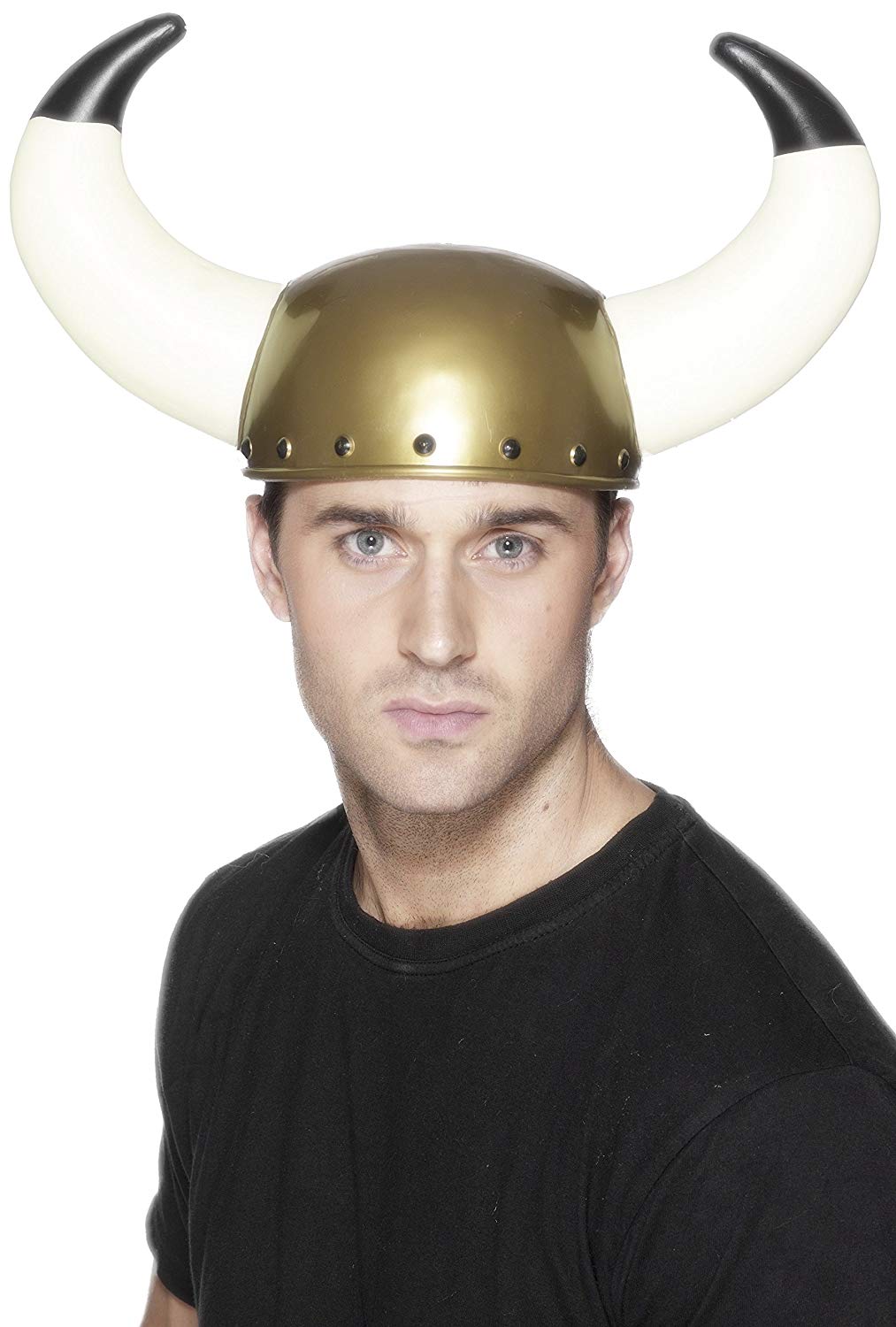 Smiffys Viking Helmet, Gold with Large Horns, Historical Fancy Dress, Adult Dress Up Hats Halloween - Image 2