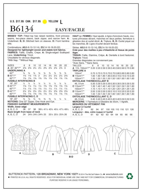 Butterick Patterns 6134 A5,Misses Top,Sizes 6-8-10-12-14 - Image 4