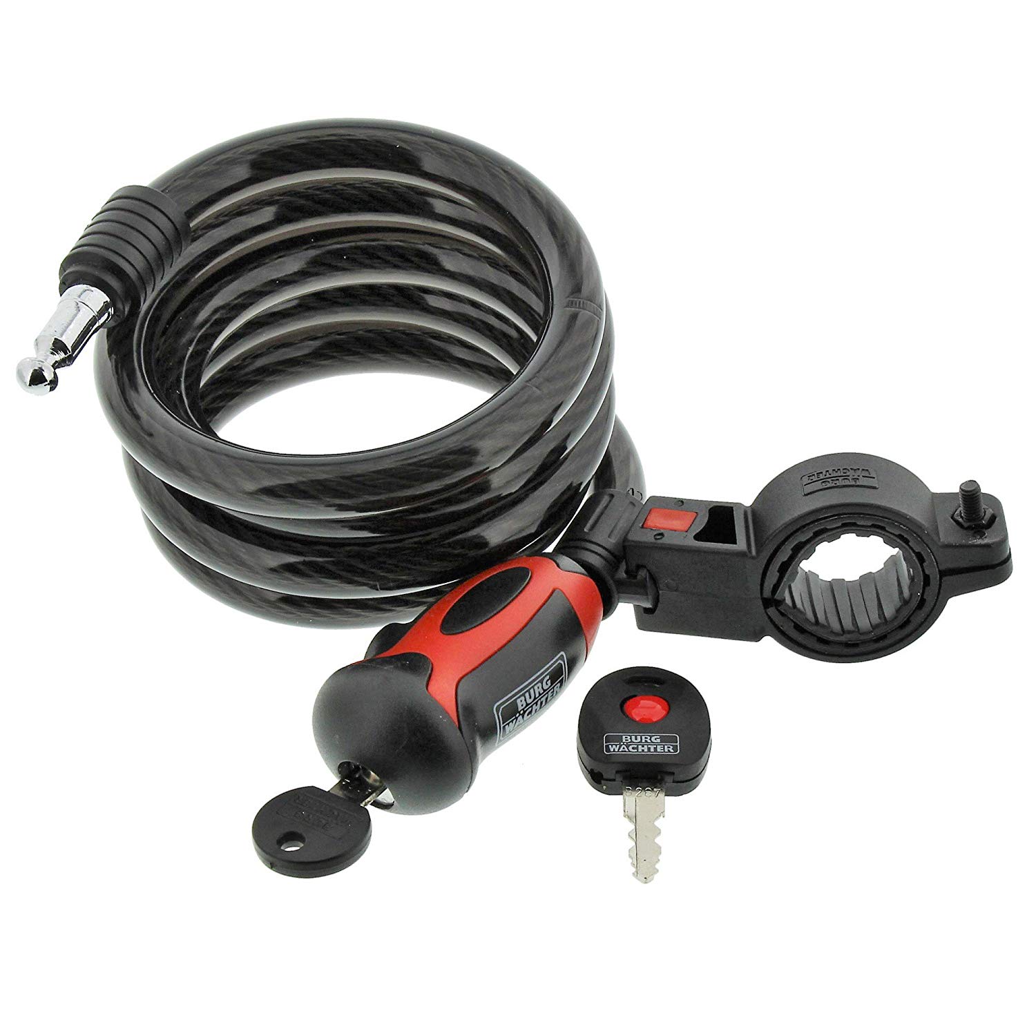 BURG-WÄCHTER Spiral Cable Lock with Lighted Keys, incl. 2 Keys, with Mounting Bracket, Auto-Locking, Length: 150 cm