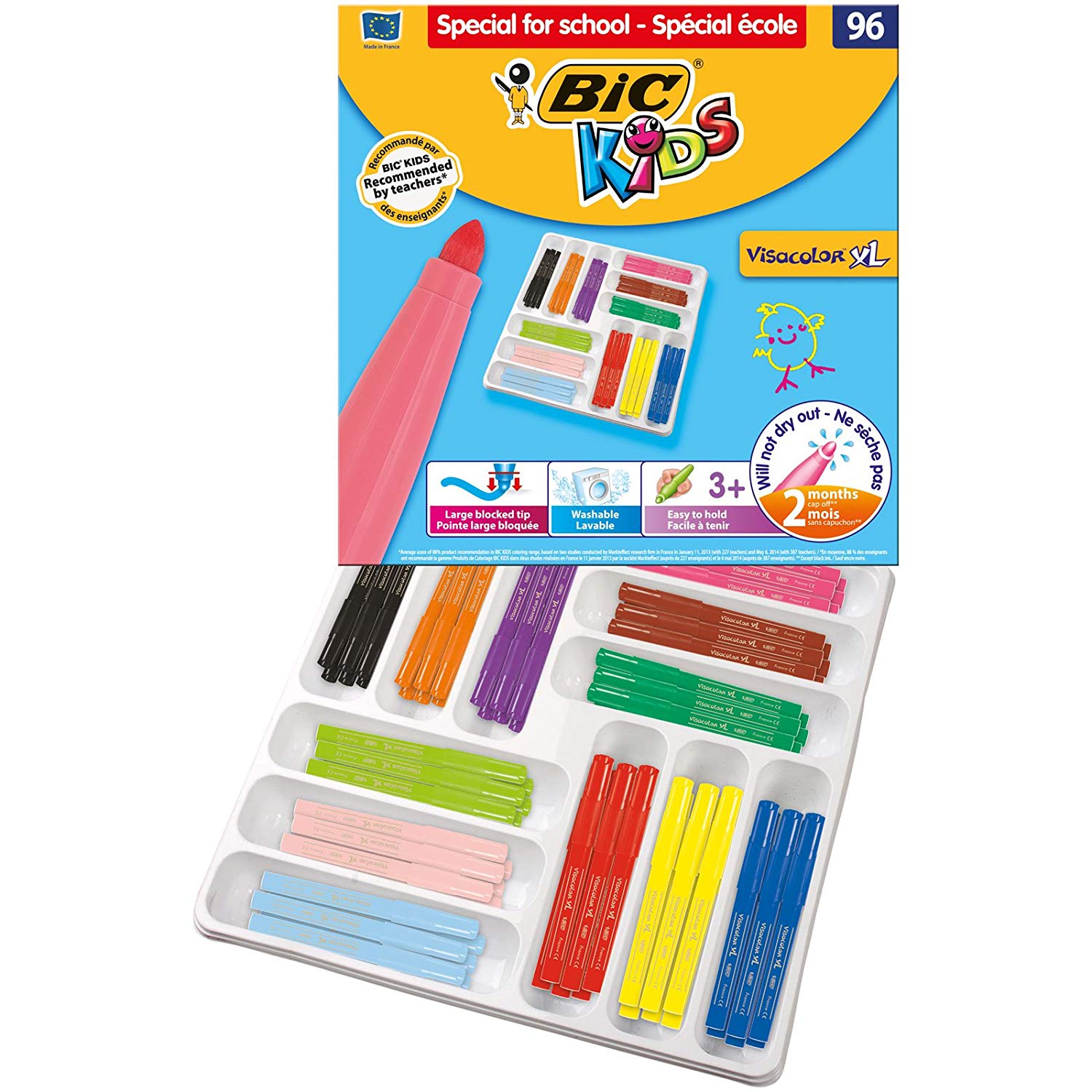 BIC Kids Visacolor XL Colouring Pens 96 Classpack, Assorted, 1 count (Pack of 96)