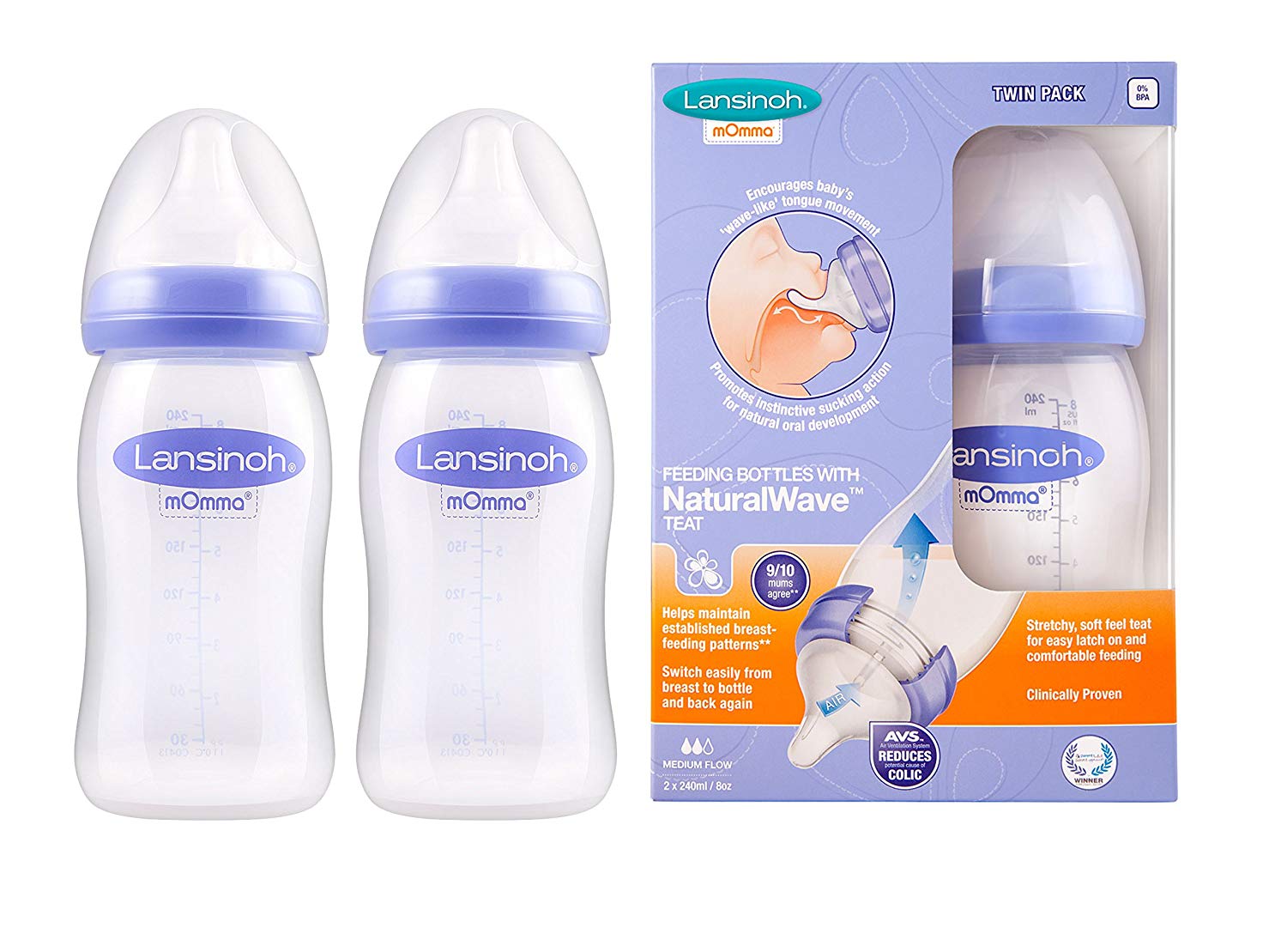 Lansinoh Laboratories Baby Bottles with NaturalWave Medium Flow Teat (240 ml, Pack of 2), LSH22, Plastic, 2 count (Pack of 1) - Image 2