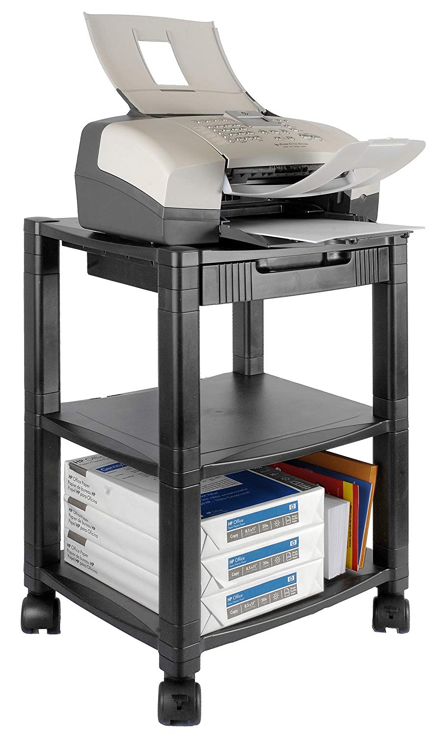 Kantek Height-Adjustable Deskside Printer Cart, Plastic, 3 Shelves, 1 Drawer, 75 lb Capacity, 17" x 13.25" x 24.5", Black - Image 2