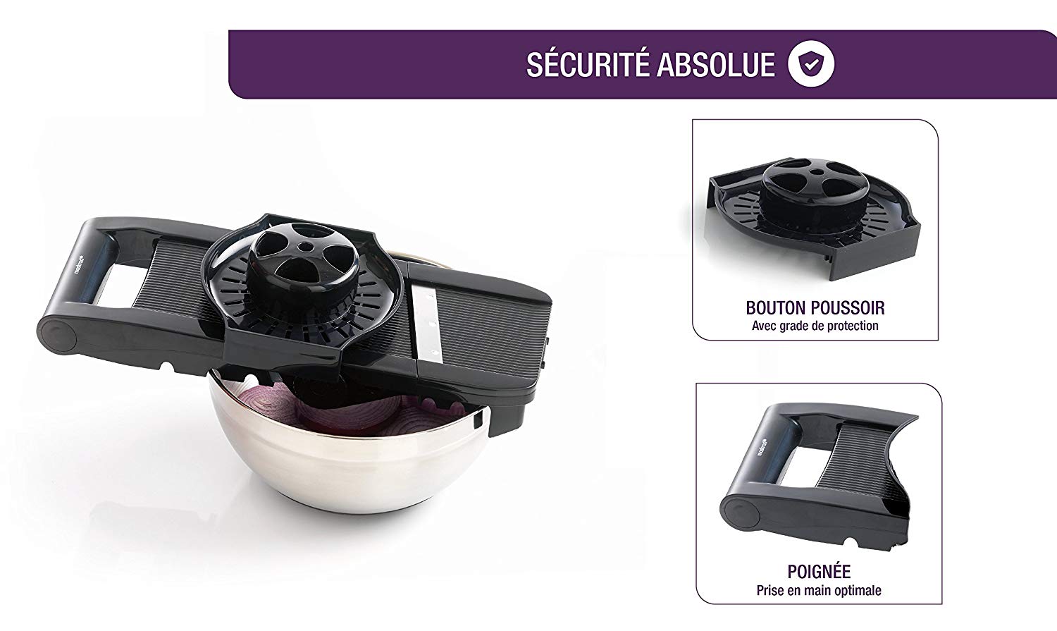 Mastrad Mandoline Slicer, 5 Interchangeable Stainless Steel Blades, Hand held, Non Slip Handle, Hand Guard - Image 3