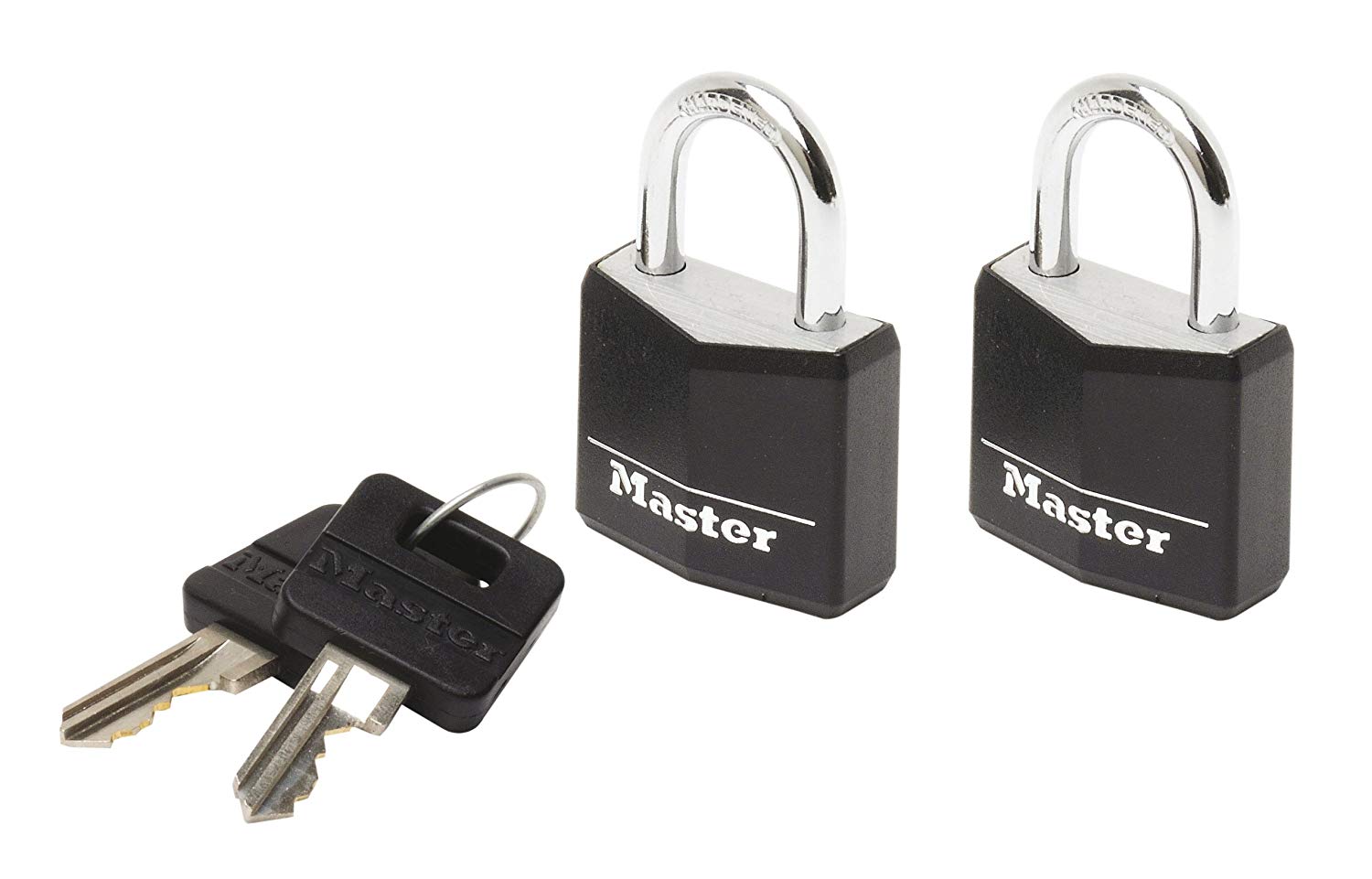 Master Lock 9120EURTBLK Pack of 2 Key Padlocks in Aluminium with Vinyl Cover, Black, 2 x 3,4 x 1,4 cm, 3,4 cm x 2 cm x 1,4 cm