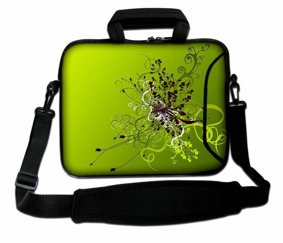 Ektor Ltd 13" Laptop Notebook Soft Bag Neoprene Case With Handle and Shoulder Strap, Green Flowers Artwork