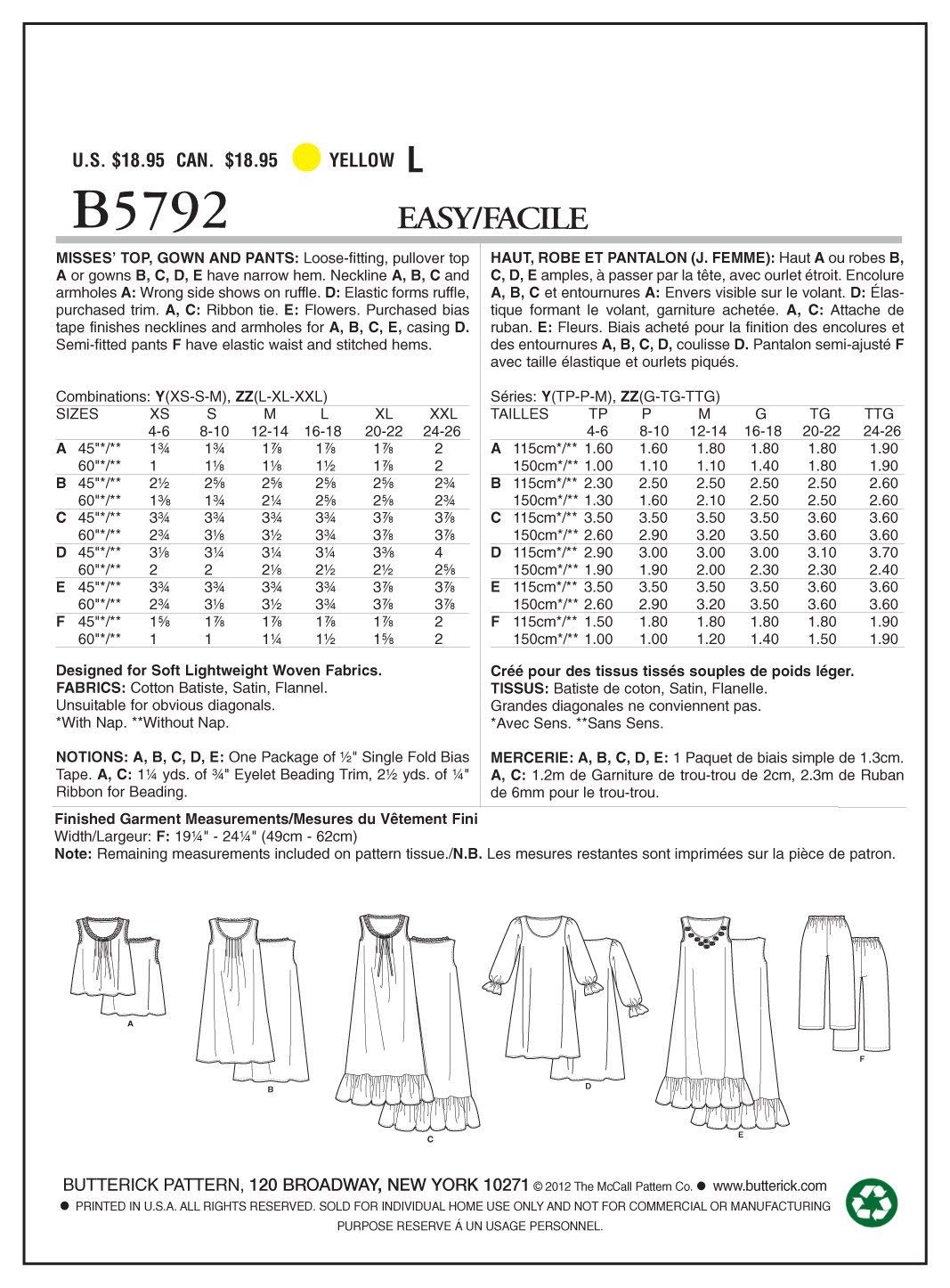 Butterick Patterns B5792 Size ZZ Large-Extra-Large-XXL Misses' Top, Gown and Pants, Pack of 1, White, ZZ (LRG-XLG-XXL) - Image 3