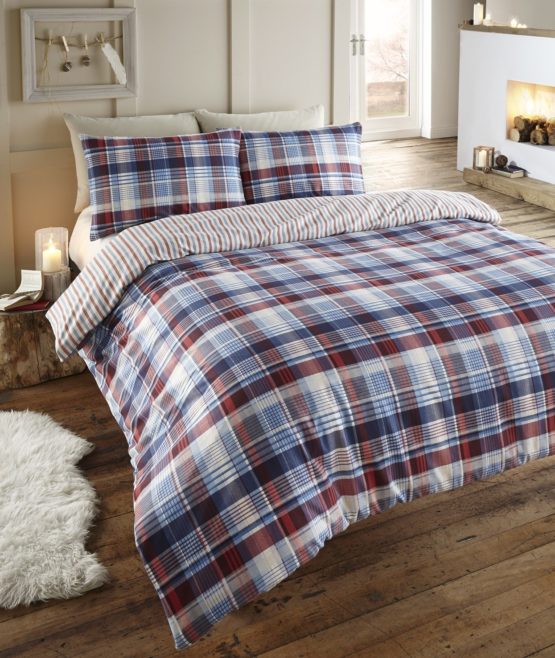 Angus Flanelette Double Quilt Duvet Cover and 2 Pillowcase Bedding Bed Set, Tartan Check Blue -Red/White/Navy