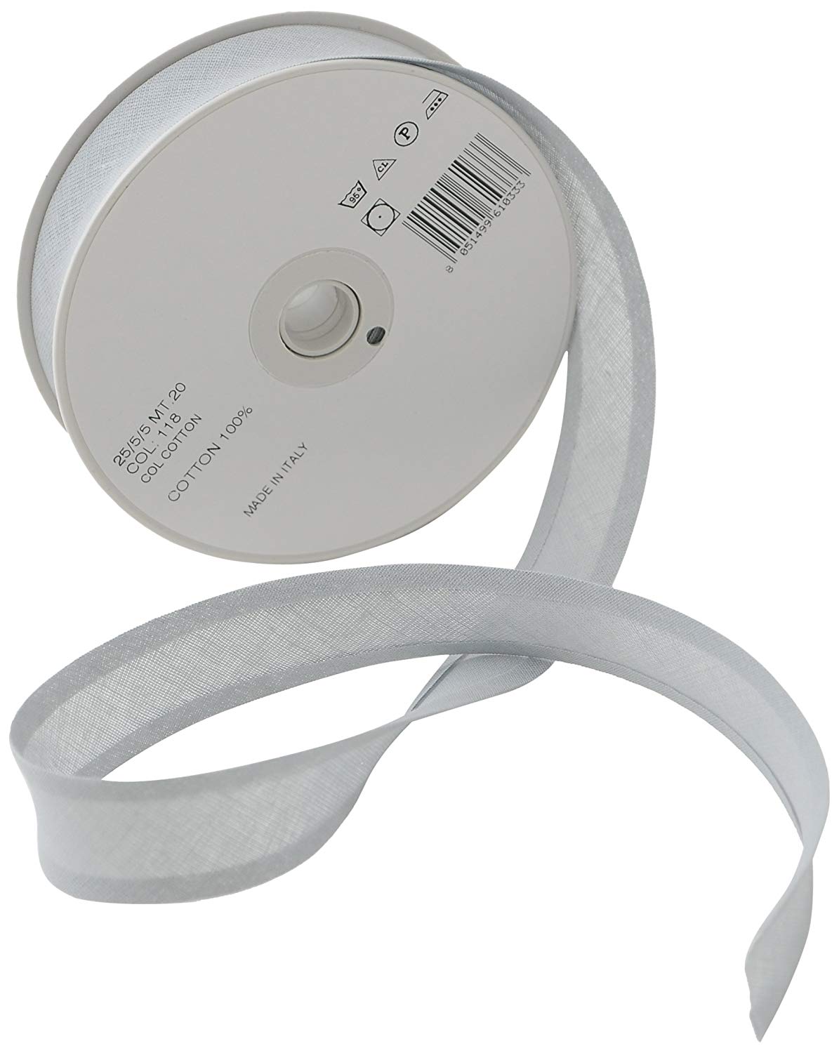 Inastri Trimz 25/5/5 mm Cotton Bias Binding, Light Grey 118 – Double‑Fold Sewing Tape for Quilting