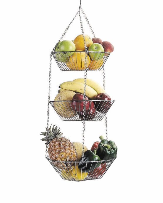 KitchenCraft Hanging Vegetable Rack, Metal, Set of 3 Kitchen Storage Baskets with Chain and Hook, Silver, 8.0 cm*25.0 cm*25.0 cm