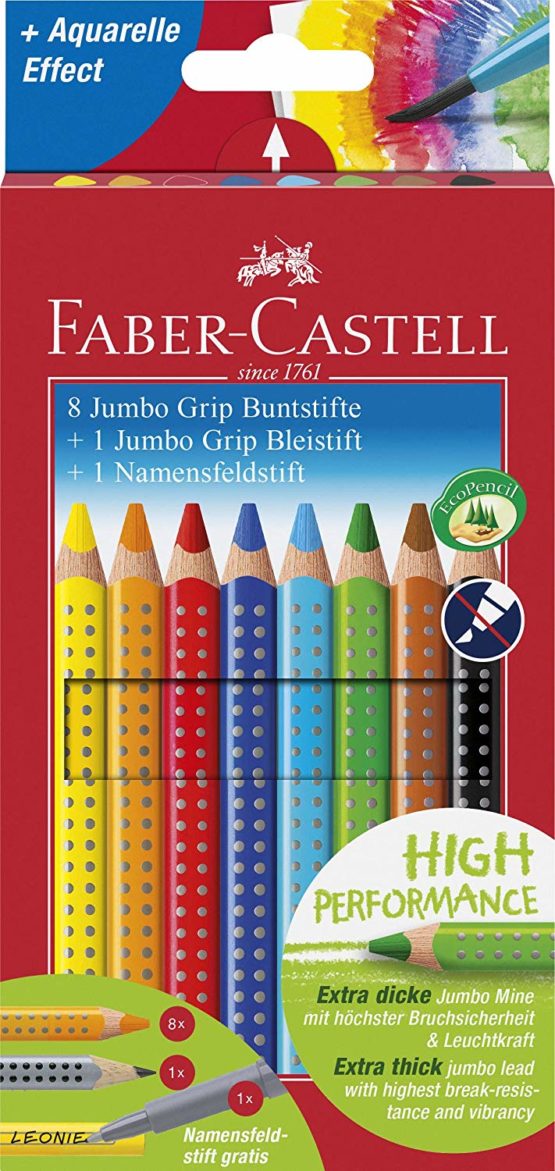 Iden Faber Castell 280921 - Jumbo Grip Coloured Pencils 8ct with Pencil and Name Tag Pen