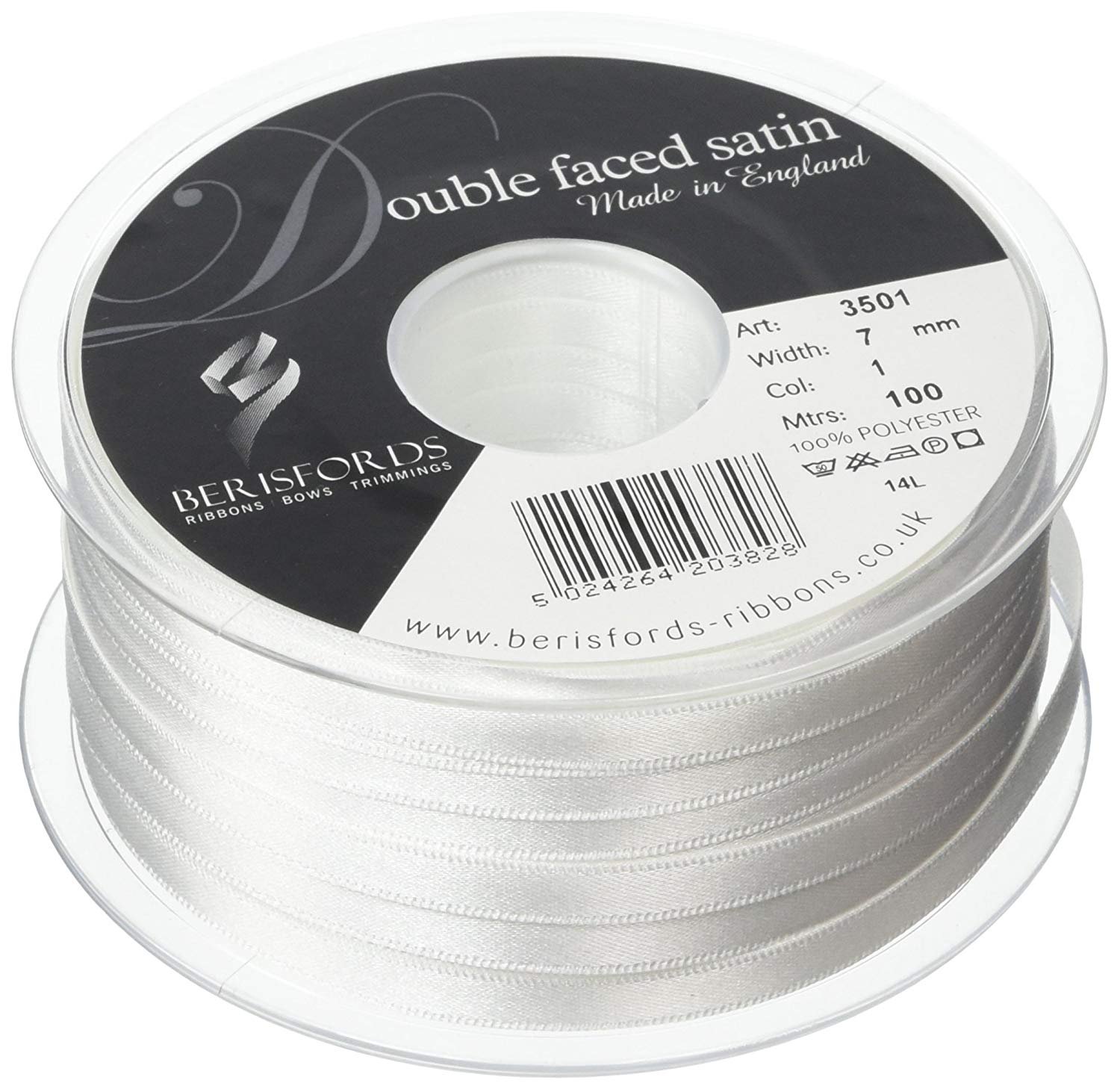 Berisfords 7 mm x 100 m Double Faced Satin Ribbon, White
