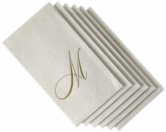 Caspari " Signature Gold Initial M Paper Linen Guest Towels, White Pearl, Pack of 24