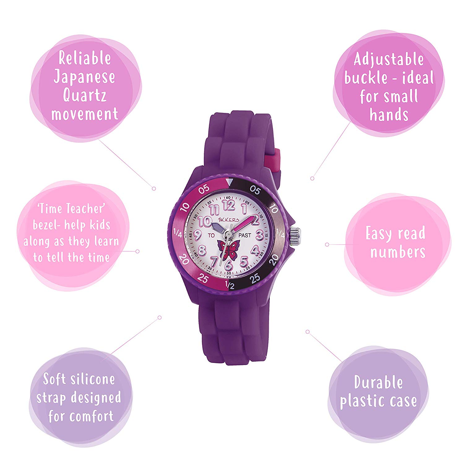 Tikkers Girls' Analogue Quartz Watch with Rubber Bracelet - TK0041, Multicolour/Purple - Image 2