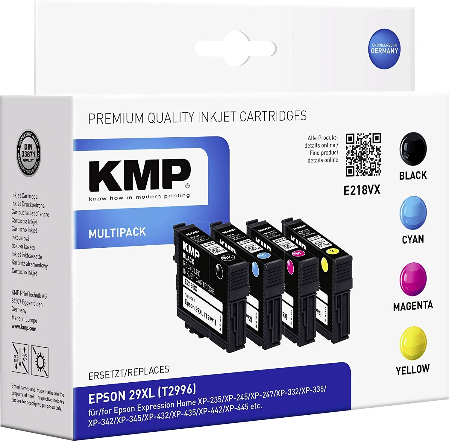KMP Tinte E218VX = EPSON T2996 29XL, Schwarz / Cyan / Magenta / Gelb