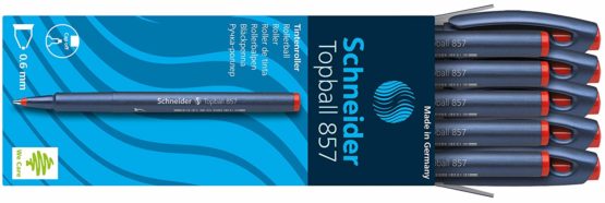 Schneider Topball 857 Ink Roller Pen with Solid Metal Tip 0.6 mm Red Pack of 10