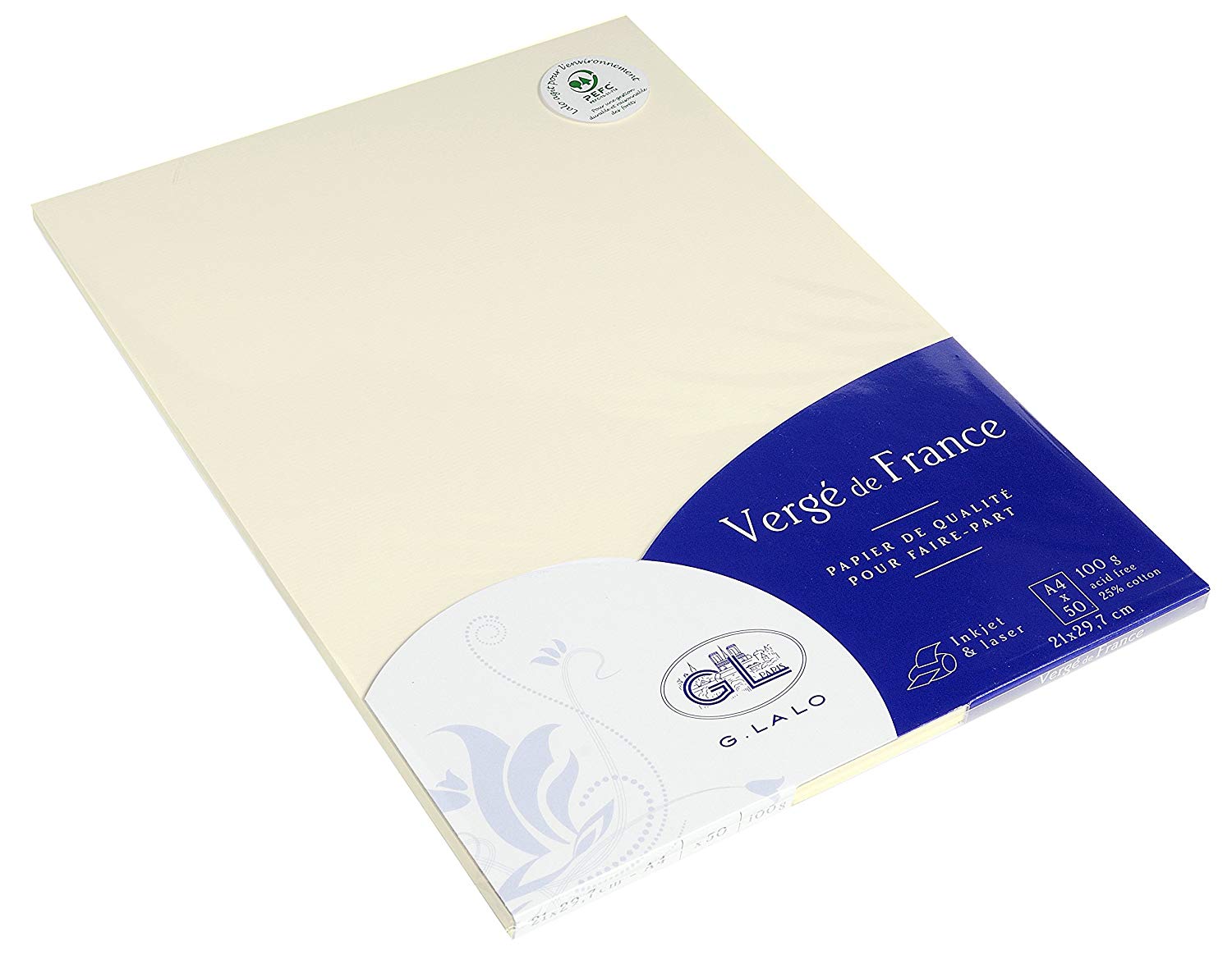 Lalo 47216L, Verge De France. Pack of 50 Sheets. Size: A4 21x29.7 cm 100g, Laid de France, Ivory, Lined, Correspondence