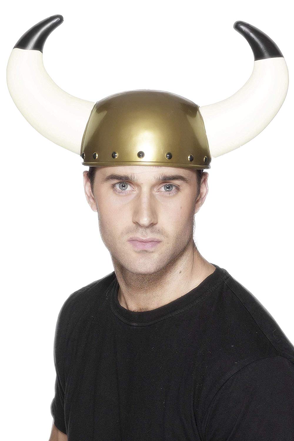 Smiffys Viking Helmet, Gold with Large Horns, Historical Fancy Dress, Adult Dress Up Hats Halloween