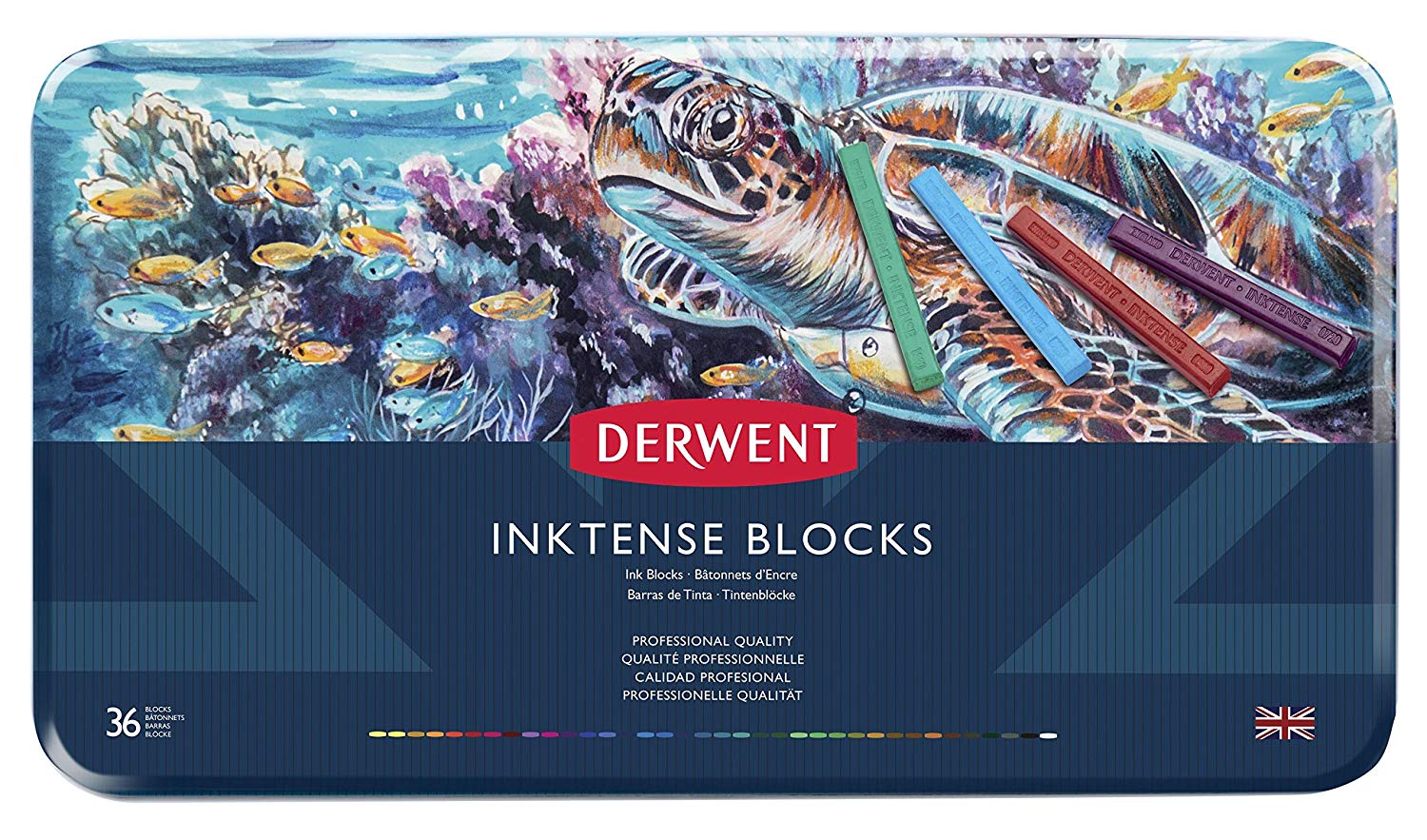 Derwent Inktense Blocks 36 Tin, Set of 36 Water-Colours, 8mm Block, Water-Soluble, Ideal for Drawing Colouring