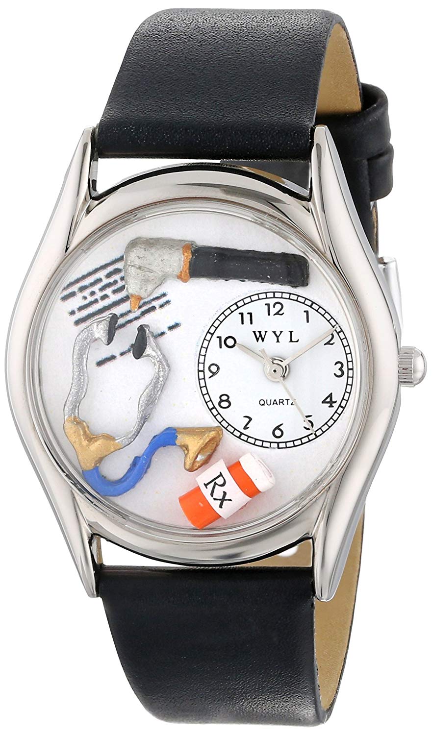 Whimsical Watches Doctor Black Leather and Silvertone Unisex Quartz Watch with White Dial Analogue Display and Multicolour Leather Strap S-0610001