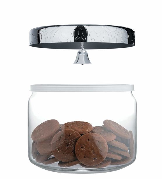 Alessi "Dressed Cookie Jar in Glass Lid in 18/10 Stainless Steel Mirror Polished With Bell And Relief Decoration, Silver - Image 4