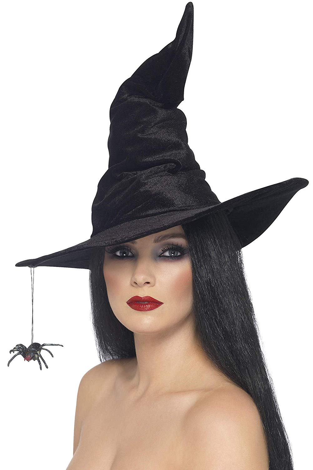 Smiffys Black Witch Hat with Hanging Spider, Velour Halloween Fancy Dress Accessory for Adults, One Size Fits Most