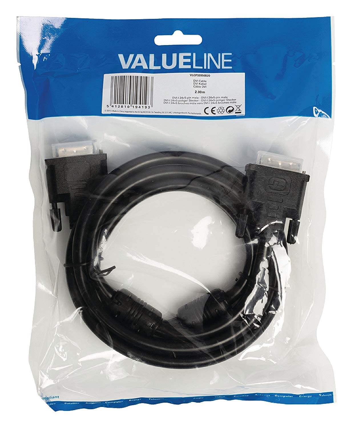 Valueline VLCP32050B20 2.00m DVI-I 24+5 Pin Male to DVI-I 24+5 Pin Male DVI Cable - Black, 2 Meters - Image 4